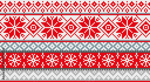 Traditional winter Christmas knitted pattern. Red knitted sweater textures. Motif festive crochet design for banner, card, print, fabric, background.
