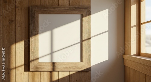 Warm, rustic wooden picture frame displayed on a textured wood paneled wall with soft sunlight casting dramatic shadows, perfect for showcasing art or personal memories in a cozy interior setting.