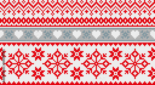 Christmas red knitted pattern. Festive crochet sweater texture. Design for banner, card, print, fabric, background.