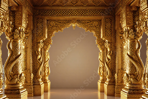 Traditional Thai temple door with gold and red ornate decoration