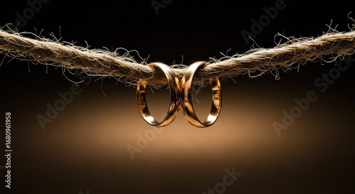 Elegant gold wedding bands suspended on a textured rope, symbolizing unbreakable bonds and enduring love with warm, dramatic lighting