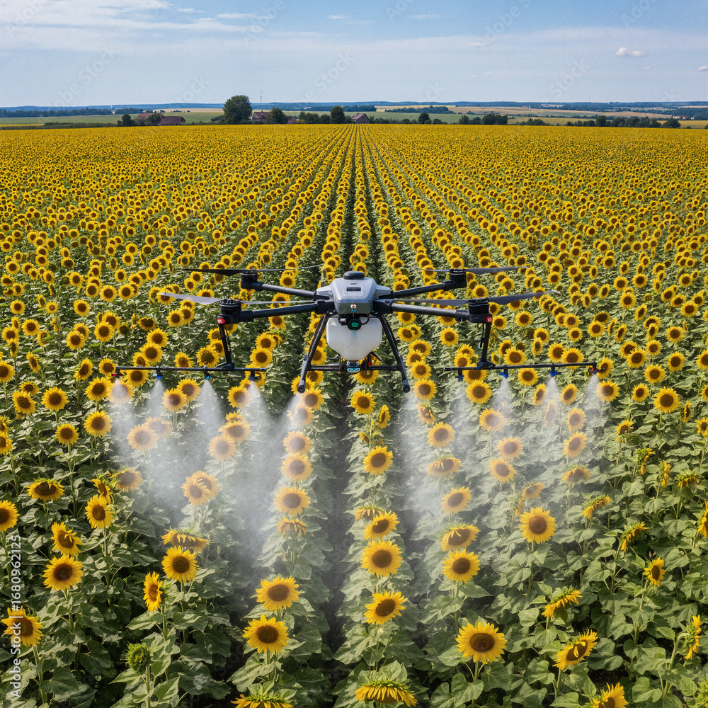 Obraz premium agriculture drone spraying in sunflower field