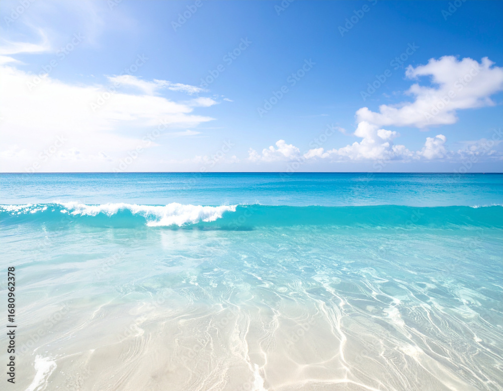 Obraz premium Crystal clear turquoise ocean water with gentle waves on a white sand beach under a blue sky