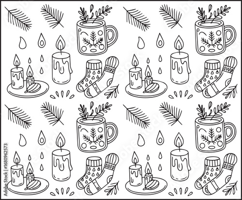 Cute winter theme doodle seamless pattern elements decorated vector line art illustration coloring page for kids holiday enjoying