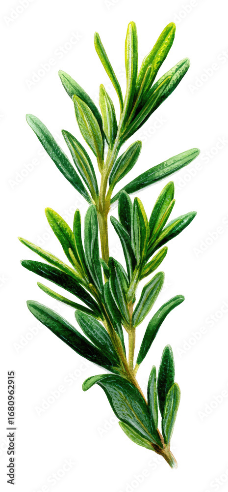 Obraz premium Close-up of a sprig of rosemary. Vibrant green leaves radiate from a central stem, creating a bushy form. The leaves are needle-like and slightly overlapping