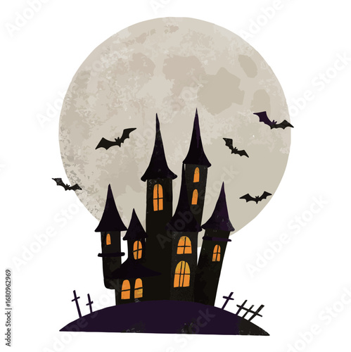 満月をバックにしたハロウィンのお化け屋敷