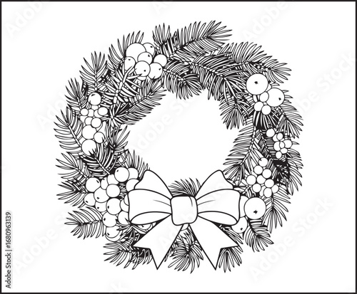 Winter theme coloring page for kids of pine branches and a bow decorated into circle shape vector line art illustration for holiday enjoying