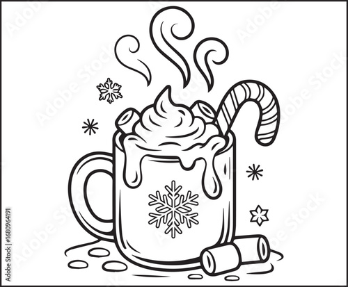 Winter theme coloring page for kids with beautiful hot cocoa mug with whipped cream decorated vector line art illustration for holiday enjoying