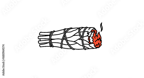 Sage bundle burning with smoke on white background  