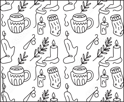 Cute winter theme doodle seamless pattern elements decorated vector line art illustration coloring page for kids holiday enjoying