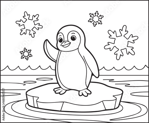 Winter theme coloring page for kids with a cute penguin sitting on an ice vector line art illustration for holiday enjoying
