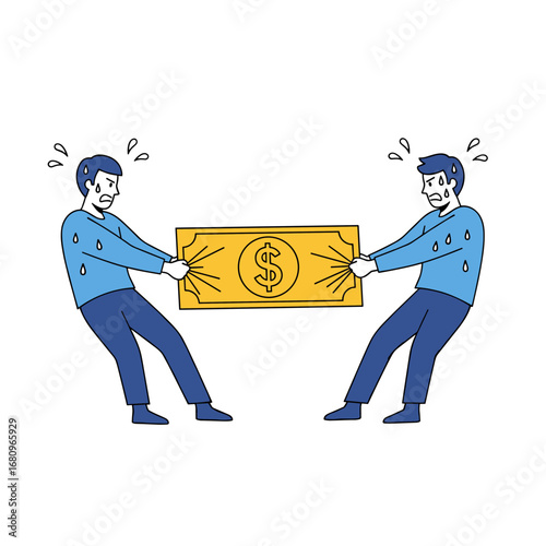 Two businessmen are pulling a banknote in opposite directions in a tug of war for money illustration