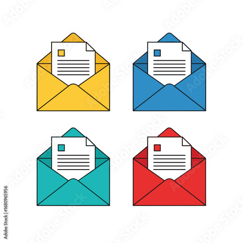 Four open envelopes with paper inside each containing a small square icon in the top left corner