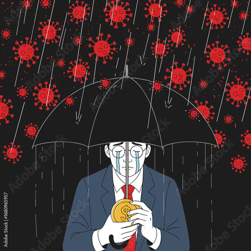 Man crying under umbrella protecting gold coin from falling virus icons represents economic hardship