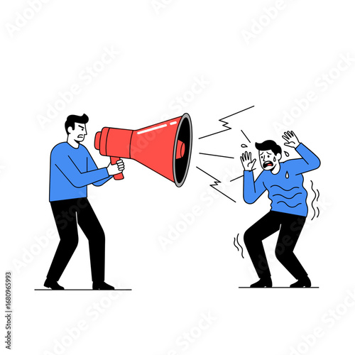 One person yelling loudly into a megaphone at another person who is scared and covering their ears in distress