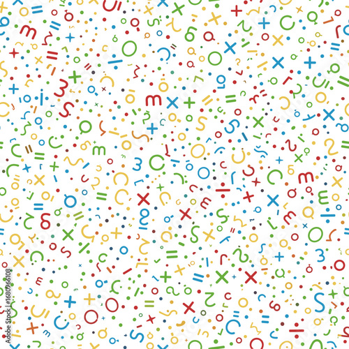 A colorful and lively collection of mathematical symbols and numbers scattered across a bright white background