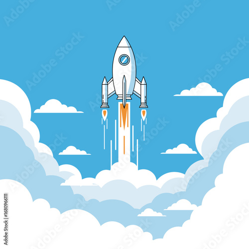 A modern rocket ship ascending through puffy white clouds into a bright blue sky