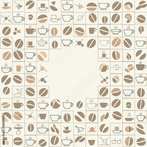 A creative arrangement of coffee related icons showing various coffee cups and beans in a grid layout