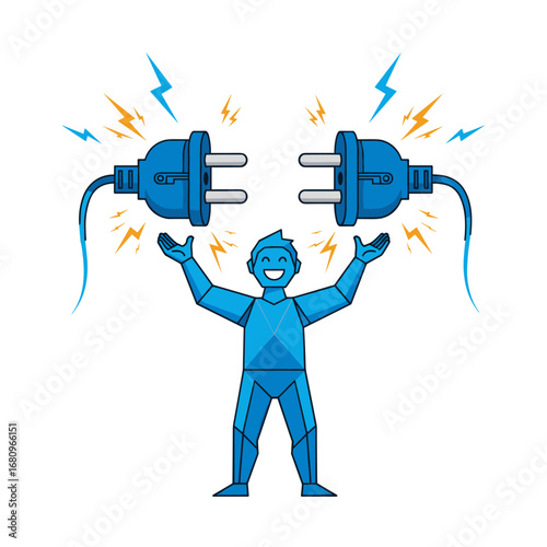 Energetic character connecting two blue electrical plugs with glowing sparks and lightning bolts above his arms and head