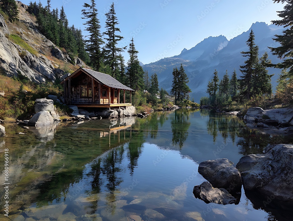 Fototapeta premium breathtaking, highland, hut, beside, calm, reservoir 