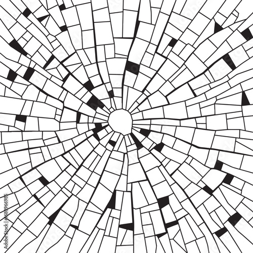 Black and white graphic of shattered glass with some broken shards filled in, creating a high-contrast abstract pattern vector illustration