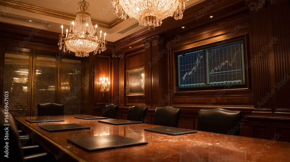 Fototapeta premium An opulent private banking chamber with mahogany walls lined with glowing financial charts showing exponential growth. Crystal chandeliers cast warm light over leather bound ledger