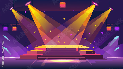a vibrant stage setup with colorful lights and confetti falling