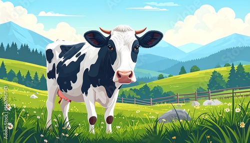 A picturesque, colorful illustration of a black and white cow grazing in a lush green meadow, surrounded by rolling hills, forests, and mountains.