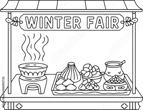 Winter theme coloring page for kids with a charming sweets and pitha stall in a fair vector line art illustration for holiday enjoying