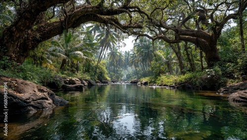 Serene jungle stream, lush canopy