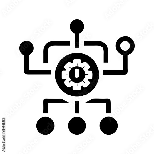 Vector art of black gear icon representing a process or system, , symbolizing automation, network connections, and technological engineering