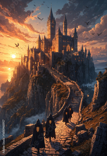 A majestic fantasy academy perched on a cliff at sunset, with glowing magical rune