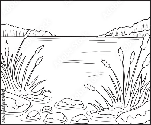Winter theme coloring page for kids of a frozen lake covered with snow decorated vector line art illustration for holiday enjoying