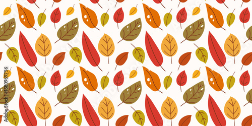 Rectangular falling seamless pattern with different multicolored single leaves. Hand drawn flat vector illustration. Cute design for background, fabric print, scrapbooking, packaging, wallpaper.