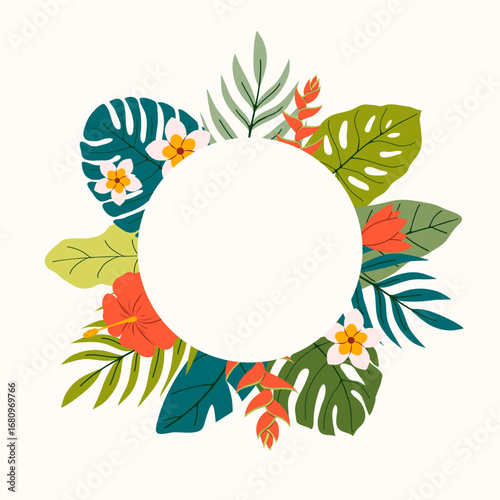 Tropical circle frame with various monstera leaves, red and white flowers. Summer mood. Flat vector illustration. Ideal for branding, card, poster, menu, scrapbooking, invitation, packaging, decor