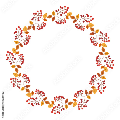 Gentle circle frame with colorful rowan leaves and berries. Flat vector illustration. Seasonal decor. Perfect for branding, card, poster, menu, scrapbooking, invitation, packaging