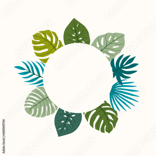 Botanical round frame with palm and monstera leaves and copy space in blue green colors. Hand drawn vector illustration. Universal design for card, poster, menu, scrapbooking, invitation, packaging