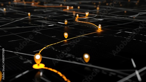 Route Mapping Visualization: A complex interplay of digital mapping, route trajectories and data points. Illuminated pathways and marker icons.