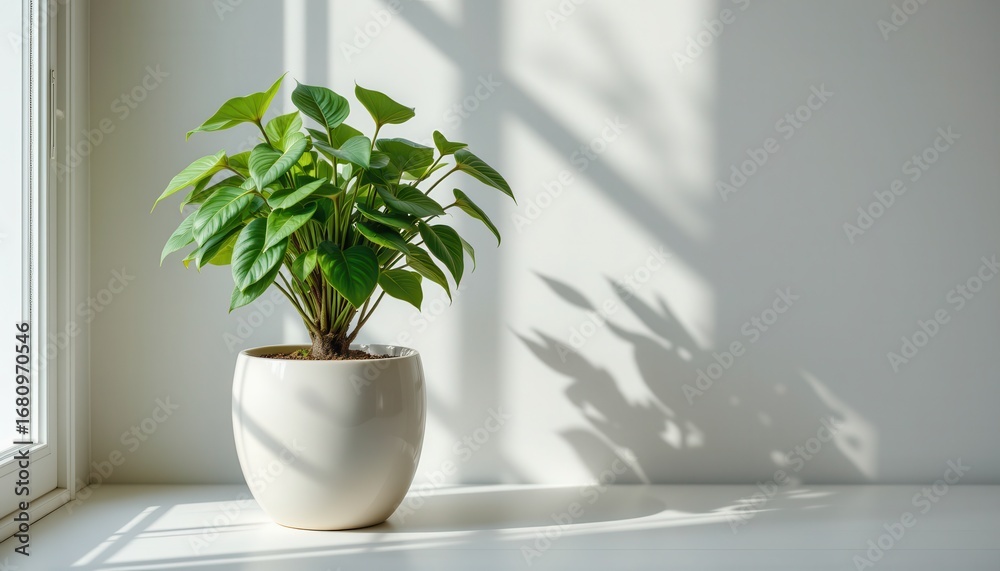 Fototapeta premium A verdant houseplant, flourishing in a glazed pearl white pot, stands as a decorative accent, The image, drenched in soft pearl white tones, evokes a sense of serenity and harmony