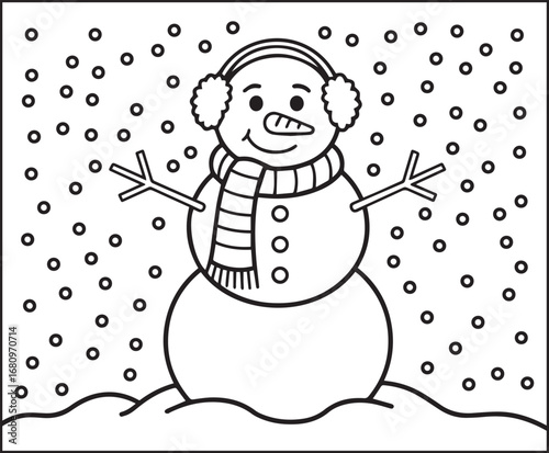 Winter theme coloring page for kids with a snowman with carrot nose standing on soft snow falling decorated background vector line art illustration for holiday enjoying