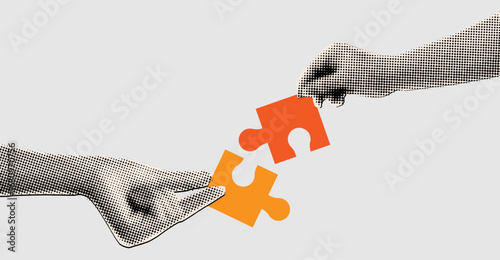 Trendy halftone collage human hands connecting jigsaw puzzle together,business success concept,modern collage elements cut out from paper