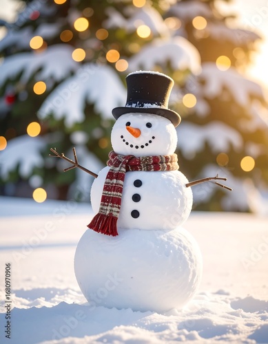Cheerful snowman in a snowy winter scene, adorned with a warm red and brown plaid scarf, stands out against a backdrop of twinkling christmas lights.