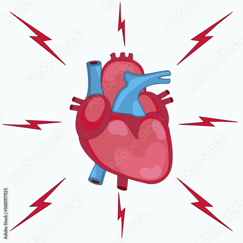 Heart and red lightning around, cardiac muscle, heart attack, heart attack, vector, flat design, anatomical heart