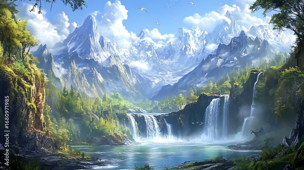 Fototapeta premium A majestic waterfall cascades through a rugged mountain landscape, framed by towering cliffs and distant snow-capped peaks.