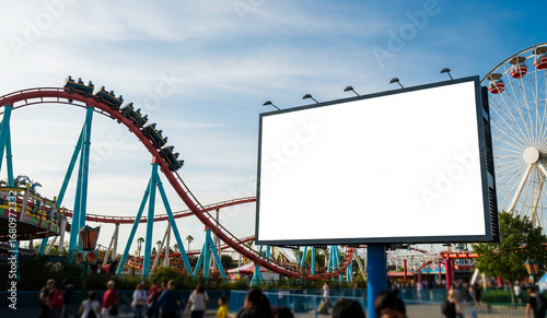 Fototapeta Naklejka Na Ścianę i Meble -  A blank white billboard stands next to a thrilling roller coaster at an amusement park on a sunny day, a fun and exciting mockup for a brand or event.