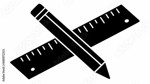 Black silhouette of a pencil diagonally crossing a ruler with markings and a hole at the end of it