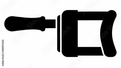 Illustration of a black c clamp with a handle and a square opening on a white background view from side
