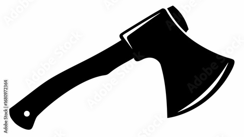 Axe with a wooden handle and a sharp metal head depicted in a solid black silhouette on a white background