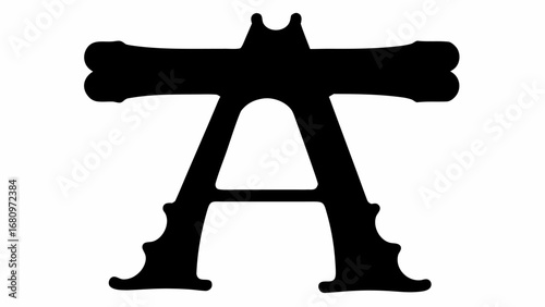 A stylized letter a with decorative elements and a bone shaped crossbar in black and white design