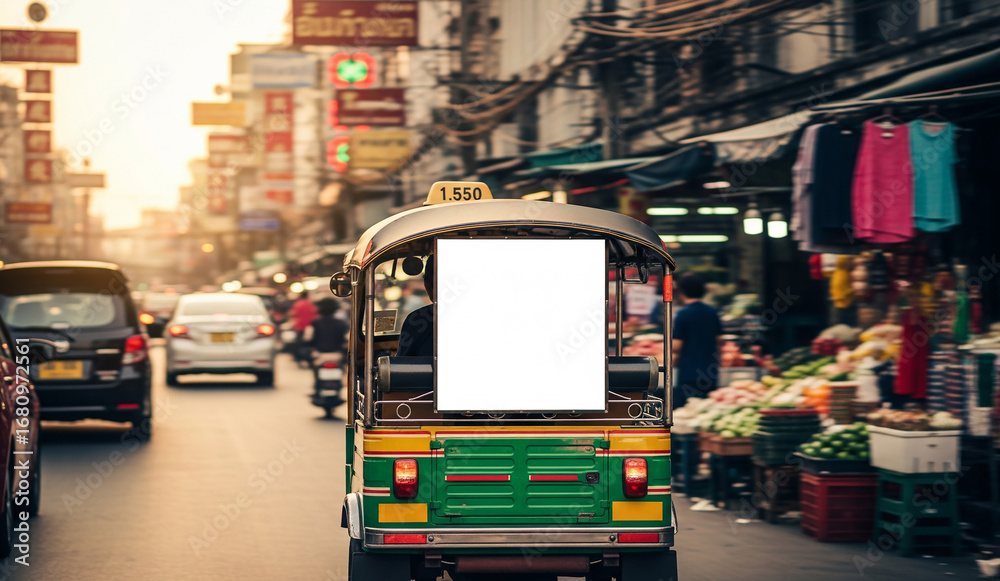 Obraz premium A blank white sign on the back of a tuk-tuk in a busy, vibrant street in Bangkok, Thailand, offers a unique, travel-themed mockup for advertising.